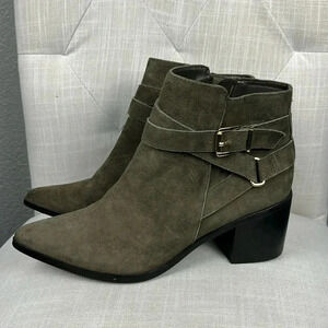 Aldo Ankle Boots Women 6.5 Green Suede Pointed Toe Block Heel Moto Buckle Strap
